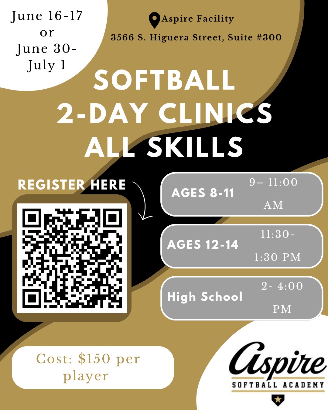 Aspire 4 days June and July softball clinic session